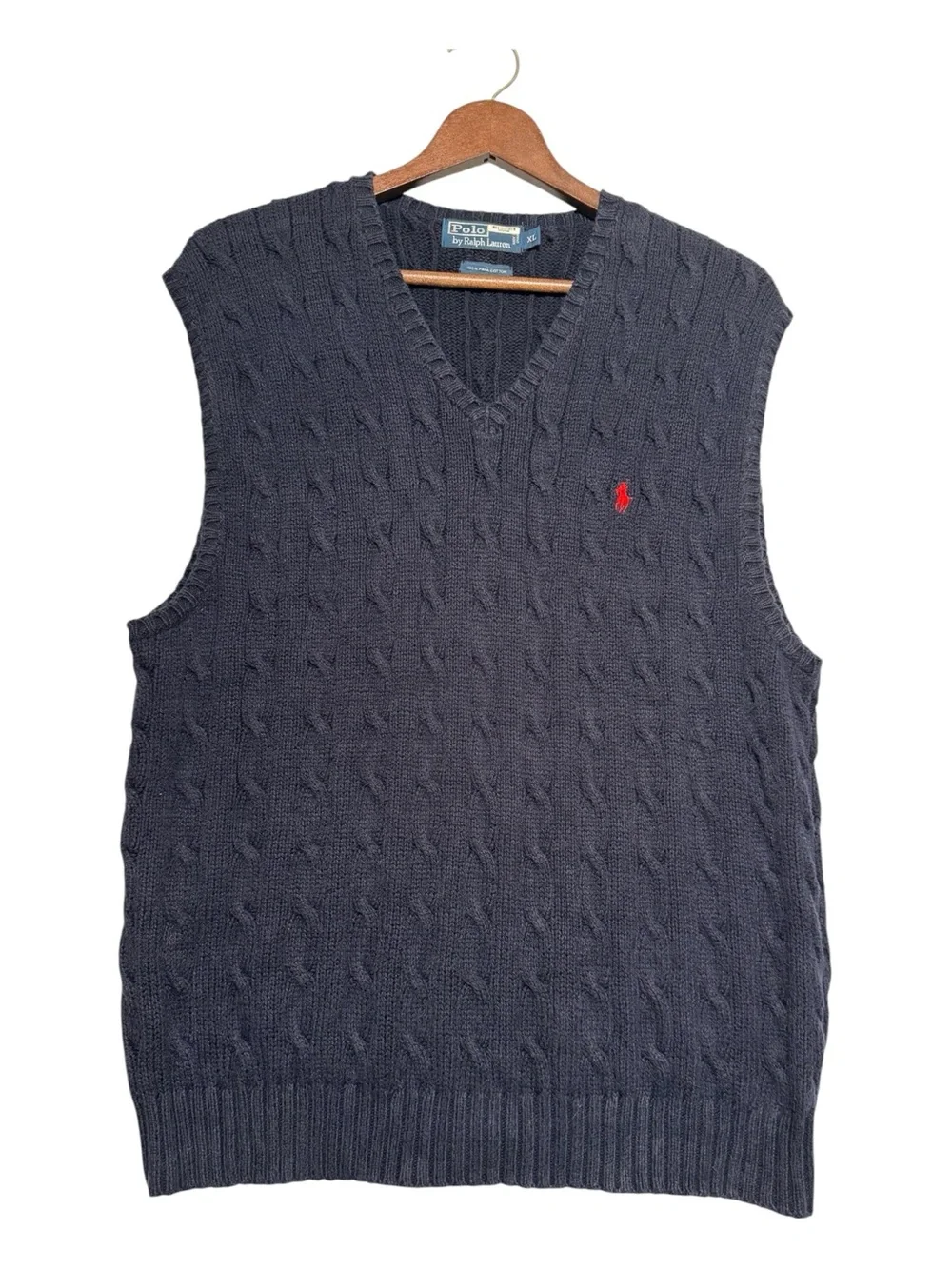 Polo Ralph Lauren Cable Knit Sweater Vest Navy Blue XL (fits M) Red Pony Cotton